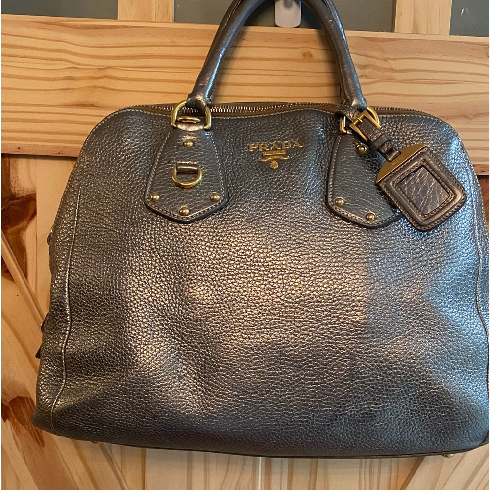 Prada Gray Metallic Pebbled Leather Satchel with Gold Hardware